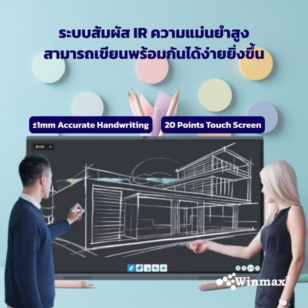 จออินเตอร์แอคทีฟไวท์บอร์ด 2CPU 2in1 Windows / Androids OS สำหรับการเรียนการสอน 75 นิ้ว 4K Winmax รุ่น Win-ICR32-75