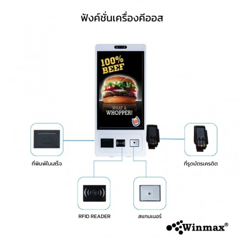 เครื่องกดบัตรคิวบริการตนเอง ตู้คีออสขายสินค้า Kiosk Ordering Self Service ขนาด 32 นิ้ว Winmax รุ่น Win513