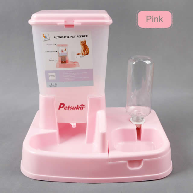 Pet Dog Cat Automatic Feeder Food and Water Dispenser Pink Color
