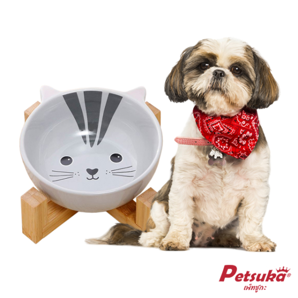 ชามเซรามิกสัตว์เลี้ยง Petsuka พร้อมฐานรองสไตล์ญี่ปุ่น สำหรับสุนัขและแมว รูปแมว