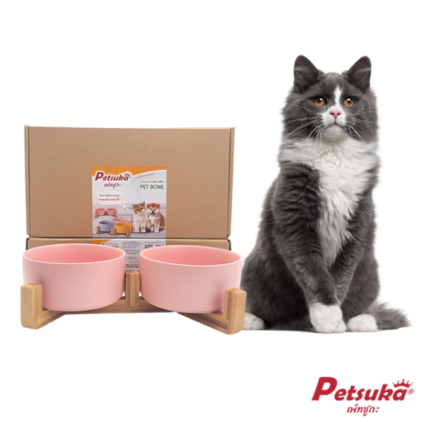 ชามเซรามิคสัตว์เลี้ยง Petsuka พร้อมฐานรองสไตล์ญี่ปุ่น สำหรับสุนัขและแมว สีชมพู แบบคู่