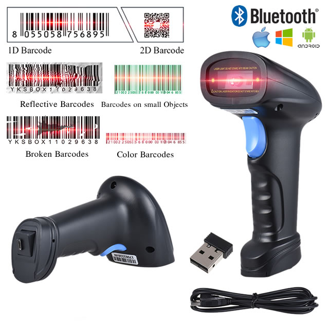 Bluetooth 1D/2D/QR Barcode Scanner Bar Code Reader with USB Receiver