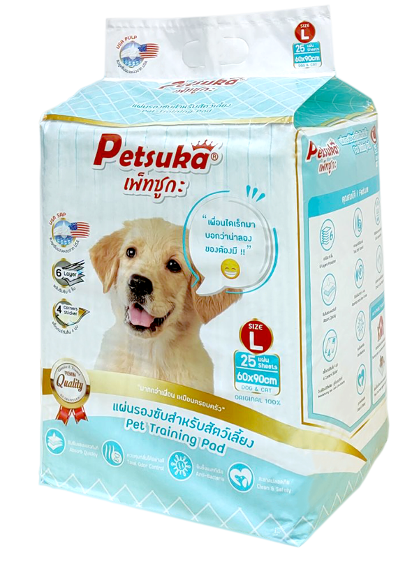 แผ่นรองฉี่สัตว์เลี้ยง Petsuka เกรดA ซึมซับดีกว่า เก็บกลิ่นดีเยี่ยม ขนาด L 90x60cm จำนวน 25 แผ่น