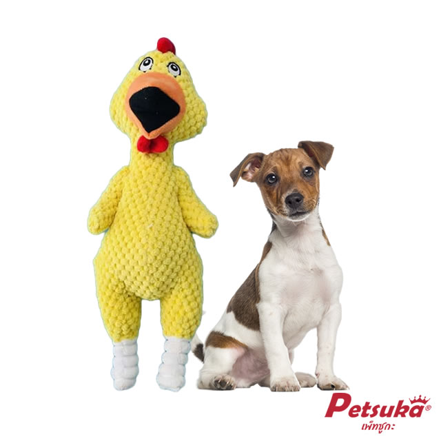 ตุ๊กตาไก่โอ๊ก Petsuka ของเล่นขัดฟันสัตว์เลี้ยง มีเสียงร้อง สีเหลือง