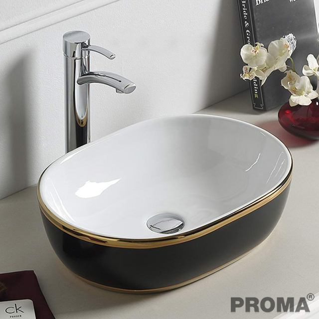 อ่างล้างหน้าเซรามิค แบบคลาสสิกเคลือบเงาขอบสีทอง 
