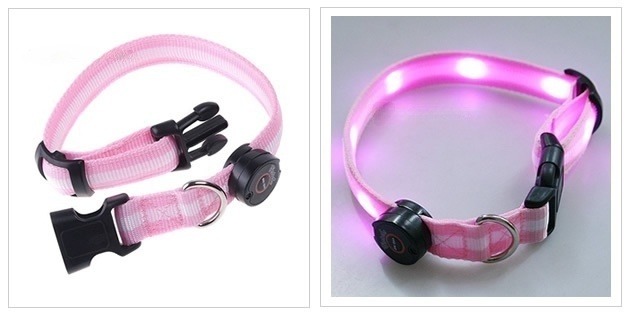 ปลอกคอสุนัขพร้อมไฟ LED กันโดนรถชนเวลากลางคืน สีชมพู