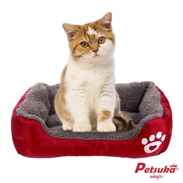 ที่นอนสัตว์เลี้ยง Petsuka รูปทรงสี่เหลี่ยมหนานุ่ม สีแดง
