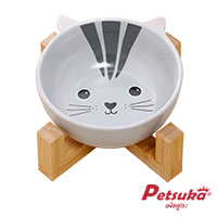 ชามเซรามิกสัตว์เลี้ยง Petsuka พร้อมฐานรองสไตล์ญี่ปุ่น สำหรับสุนัขและแมว รูปแมว BOW-CAT
