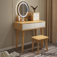 Nordic Wood Oak Dressing Table with Lighted Mirror and Stool
