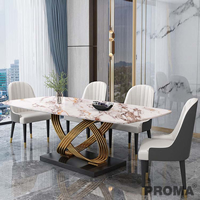 Dining Table Set Luxury Gold Stone with Stainless Steel Base