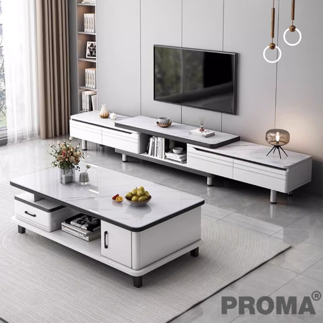 Sofa center table and TV table set, slate marble top, with storage drawers, luxurious, modern style.