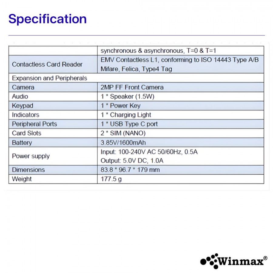 POS อัจฉริยะพร้อมกล้องหน้า 2 MP และ เครื่องพิมพ์ความร้อนขนาด 58 มม. Winmax-Z80-V5