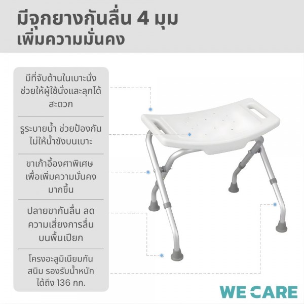 เก้าอี้นั่งอาบน้ำผู้สูงอายุ กันลื่น สีขาว WE CARE มีหูจับข้าง ไม่มีพนัก รุ่น SeatCare1