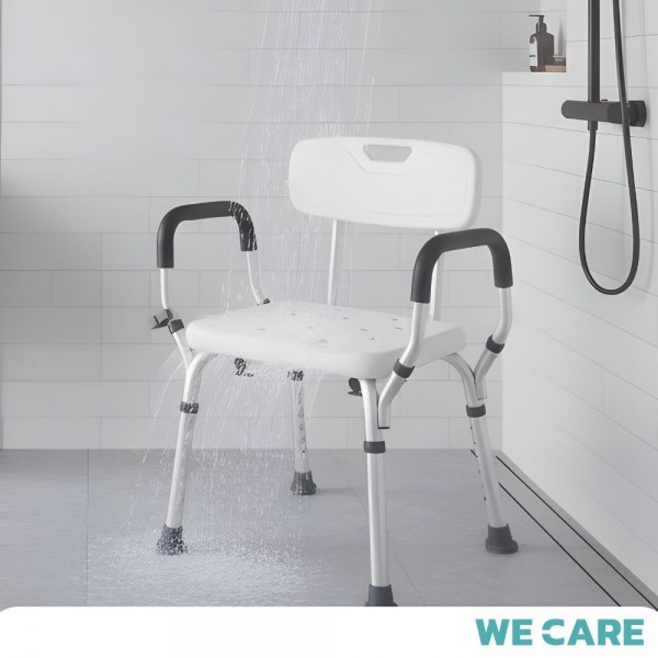 เก้าอี้นั่งอาบน้ำผู้สูงอายุ กันลื่น สีขาว WE CARE ปรับระดับได้ มีแขนจับข้าง มีพนักพิง ใส่ใจผู้สูงวัยปลอดภัยทุกการใช้งานในห้องน้ำ รุ่น SeatCare Pro