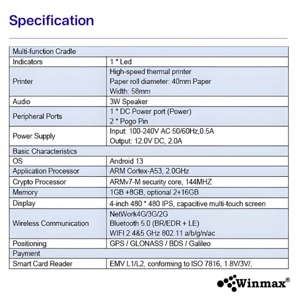 POS อัจฉริยะพร้อมกล้องหน้า 2 MP และ เครื่องพิมพ์ความร้อนขนาด 58 มม. Winmax-Z80-V5